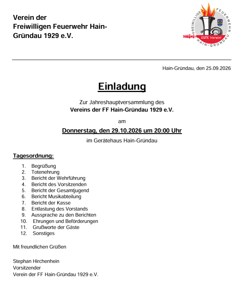 Du betrachtest gerade Jahreshauptversammlung Verein FF Hain-Gründau 1929 e.V. am 29.10.2026 um 20:00 Uhr